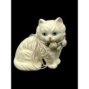 Vtg 1990 Enesco White Persian Kitty Cat Figurine Blue Eyes Pink Flower Collar 3"
